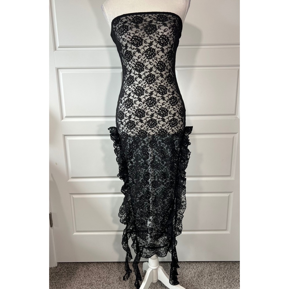 Shein Black Lace Strapless Ruffle Trim Intimate‎ Lingerie Dress XS